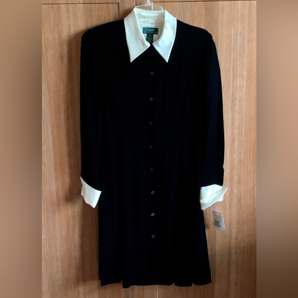 Lauren Ralph Lauren Black Long Sleeve Shirt Dress with White Collar & Cuffs